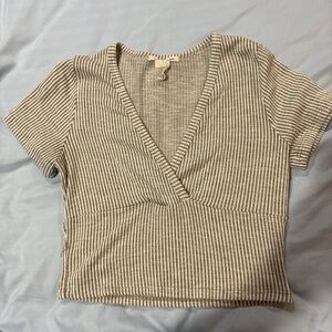 Caution To The Wind Striped V-Neck Tee - Gray and White